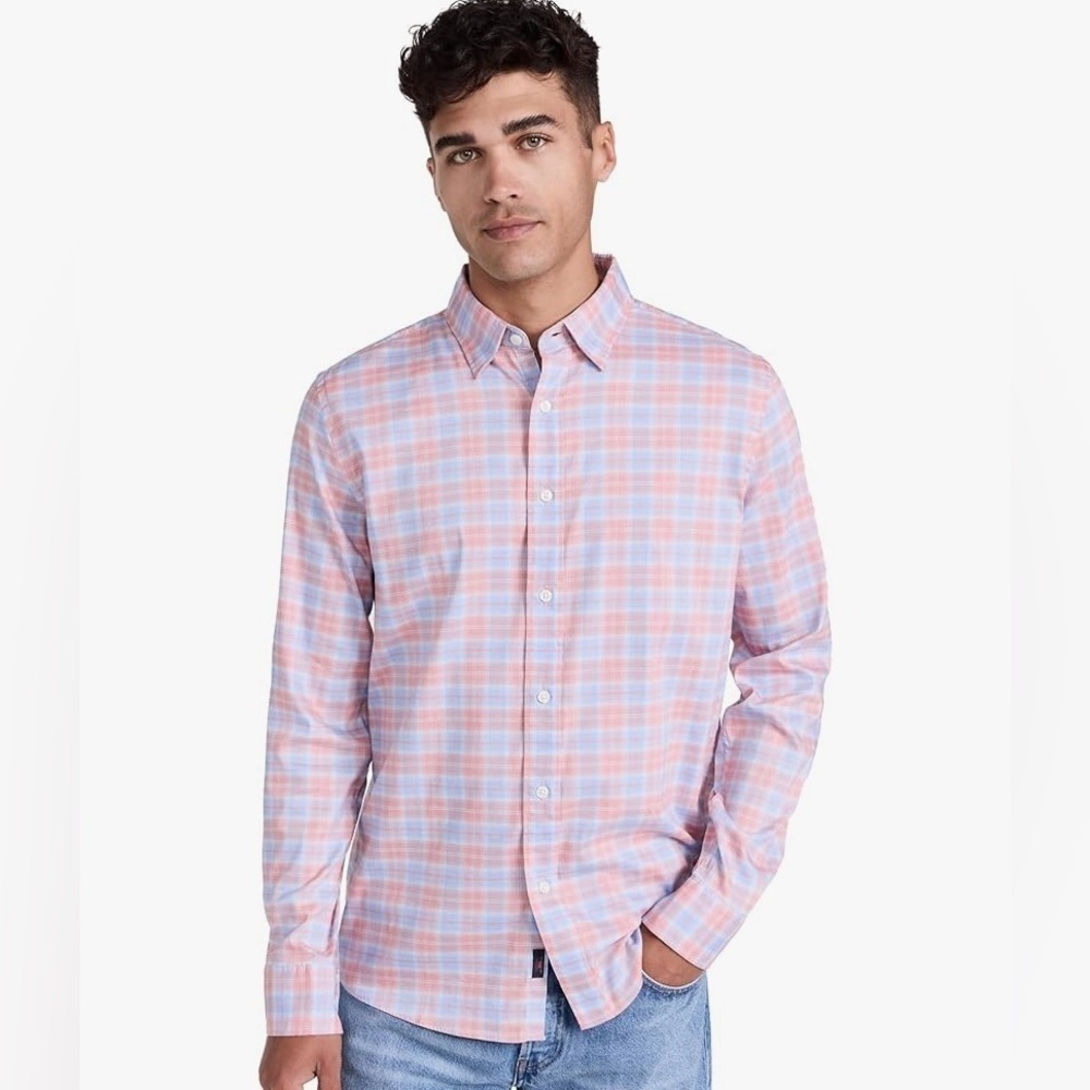 Faherty Mens Plaid Button Down Shirt Linen Blend Size XL PINK Blue Rose Buffalo